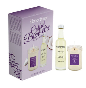 Coffret vue de face avec un fond blanc et les produits (bougies et huile) sur le côté