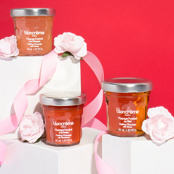 Massage fondant fraise miel et mangue dans un univers saint valentin