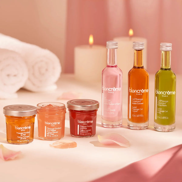 Gamme de gel de massage et massage fondant dans un univers spa
